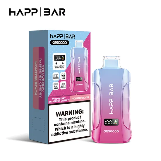 Вейп HAPP Bar GR50000 – 50 000 дръпки, Strawberry Raspberry Cherry / Monster Peach + микс вкус, с дисплей и USB-C